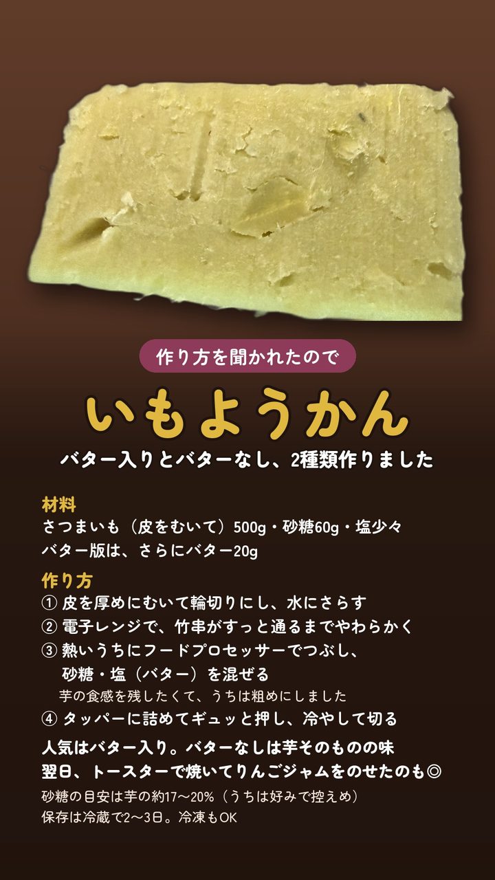 芋ようかんの写真と、材料・作り方・感想をまとめた画像